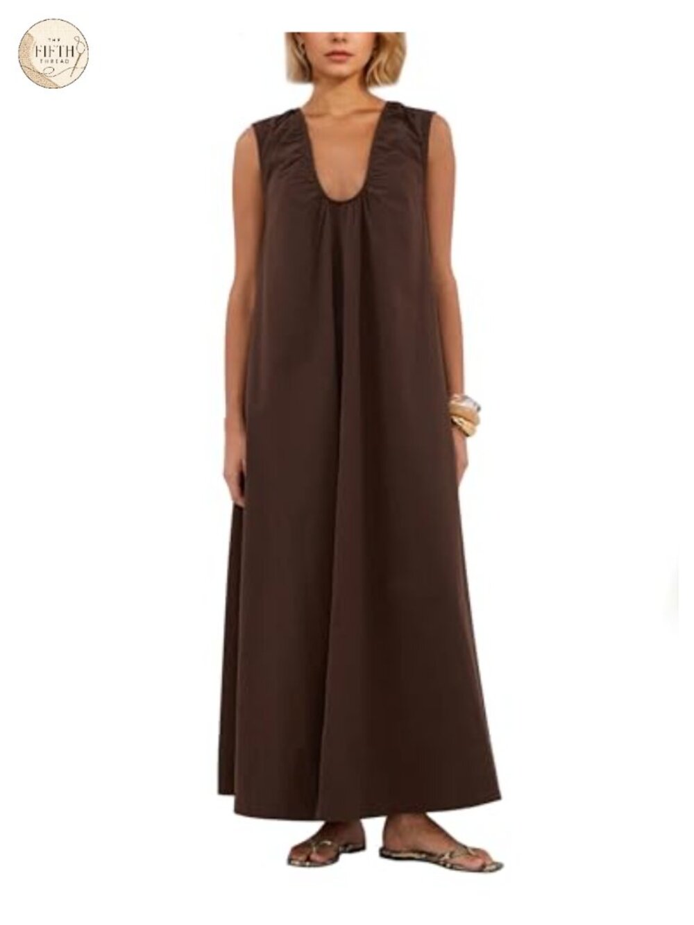 Cotton Scoop Neck Ruched Maxi Dress Flowy Swing Sleeveless Sundress Side Pockets